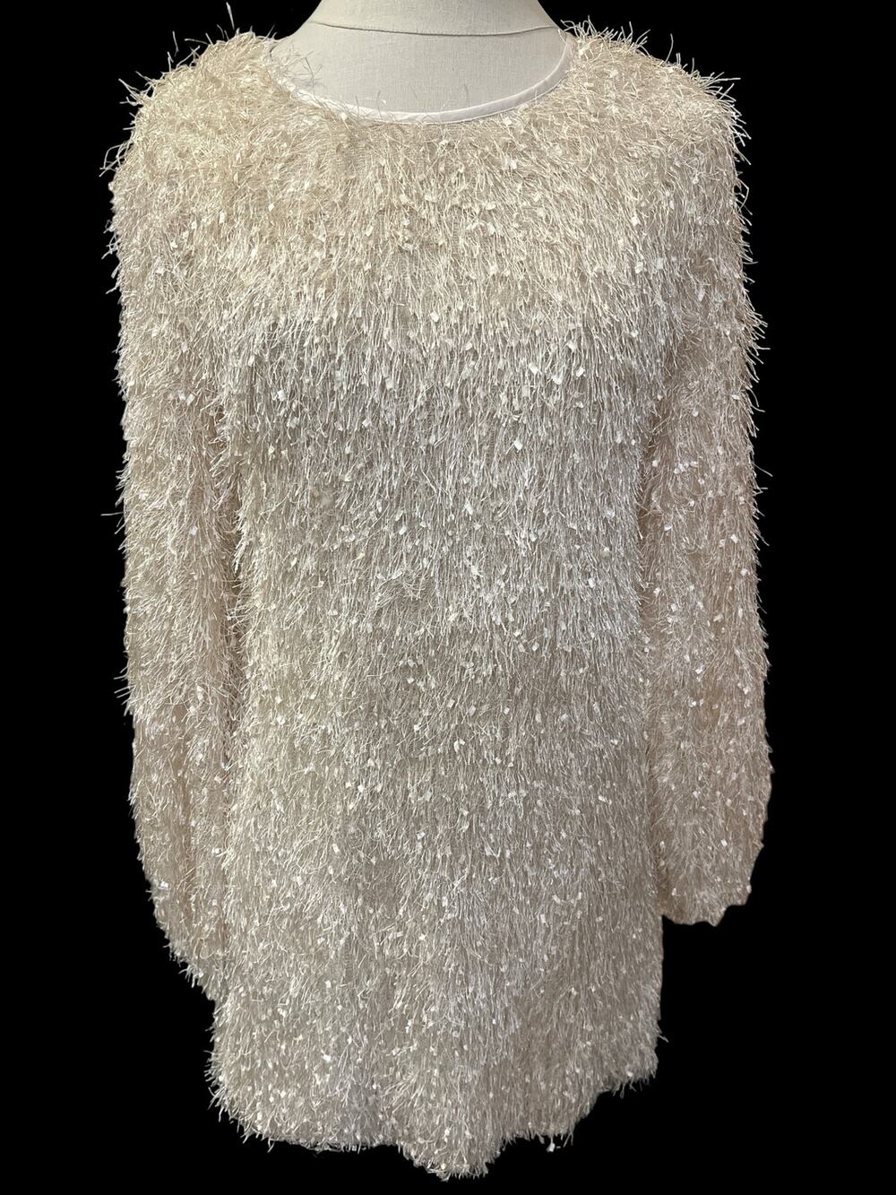 NWT 12Th Tribe-Let's Boogie Mini Dress-Sz M-Cream-All over textured Fringe-1125